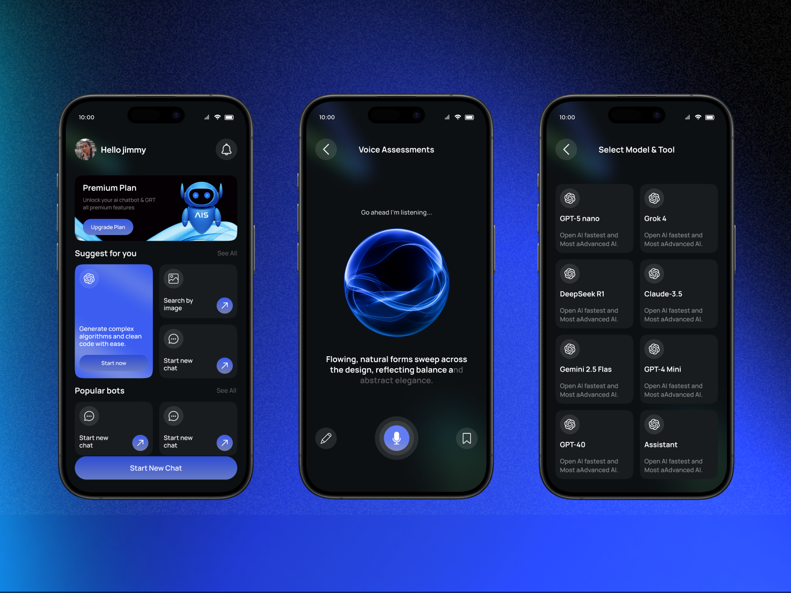 AI Chat Assistant App – Modern Dark UI aiapp aiassistant appconcept appdashboard appshowcase chatbotapp cleanui creativeui darkui futuristicui interactiondesign minimaldesign mobileappdesign mobileui modernapp productdesign techapp uidesign uxdesign voiceai