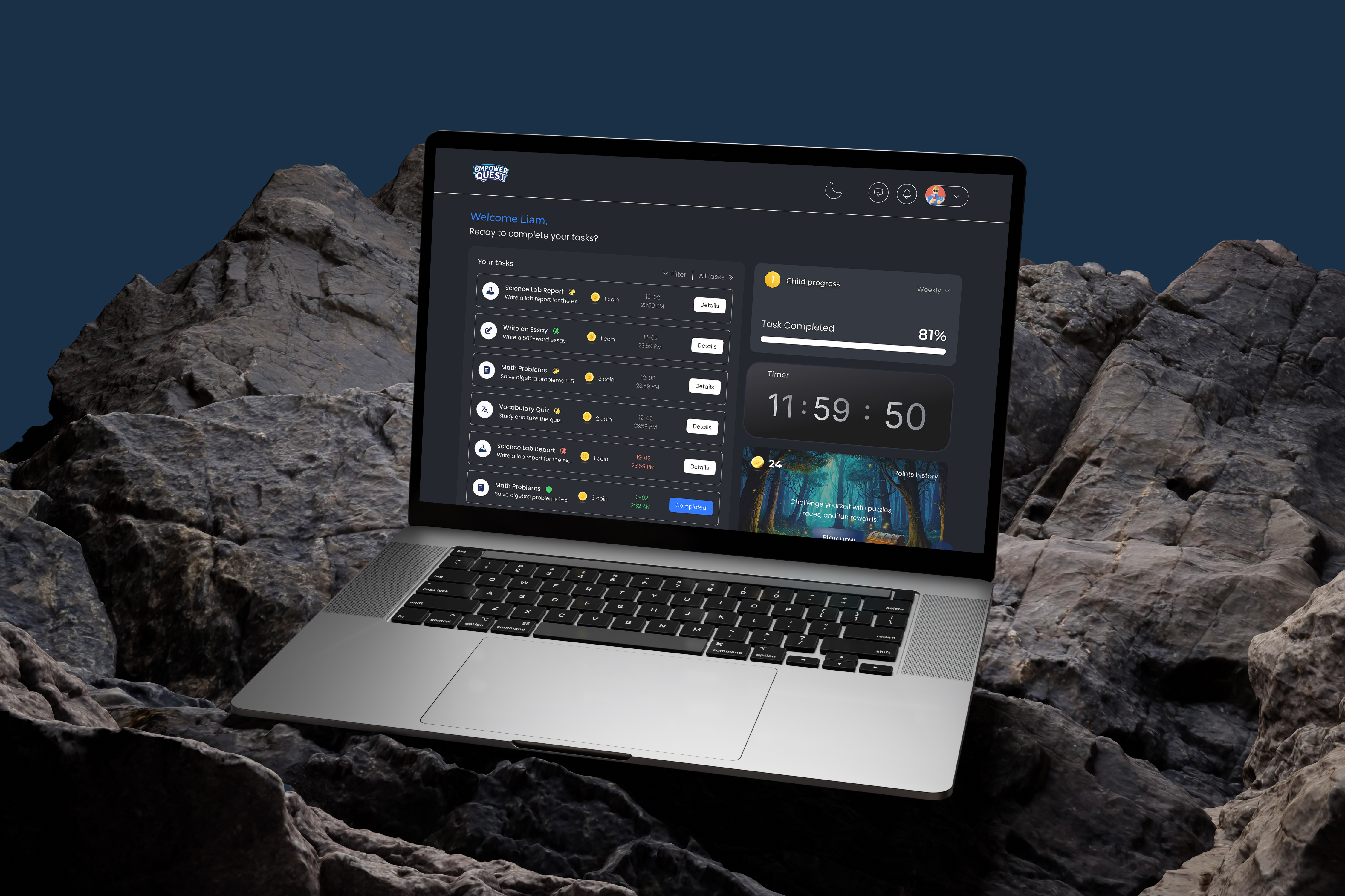 Empower Quest – Gamified Learning Web App UI cleanui darkmodeui dashbord dribbbleshot edtechdesign educationapp gamification gamifiedlearning kidslearning learningplatform studentdashboard taskmanager uiux uxui webappdesign webdashboard