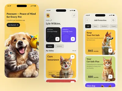 PetShield — Smart Insurance for Pets animal care app app design app interfaces dog app figma design ios minimal mobile app pet pet care pet shop pet shop app petcare app petshop petstore ux design
