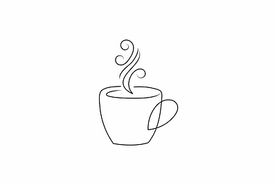 Modern line art coffee cup logo, steam in abstract swirl, black 3d animation black on white. branding graphic design logo motion graphics ui