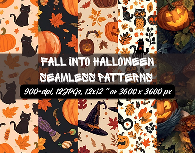 Fall into Halloween Seamless Patterns autumn and fall fabric design fall illustration fall pattern halloween illustration halloween patterns pumkin illustration seamless patterns spooky fall surface patterns textile design