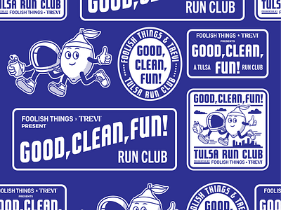 Good, Clean, Fun! Run Club - Branding & Badges astronaut badge branding city coffee cpg design graphic design illustration lemon logo mascots oklahoma run run club running tulsa typography