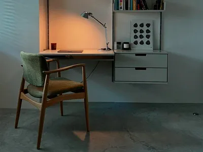 Minimal Workspace Design Illustration contemporary style cozy workspace creative desk design concept design inspiration desk lamp elegant setup floating desk home office interior artwork minimal decor modern interior office design organized space productive mood soft lighting stylish chair warm atmosphere workspace illustration