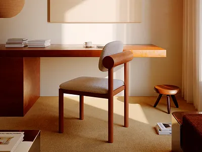 Warm Minimal Workspace Illustration architectural illustration clean lines contemporary chair cozy interior creative corner design concept elegant setup home office interior mood minimal design modern workspace natural tones soft lighting stylish decor sunlight effect warm colors wooden desk workspace art workspace illustration