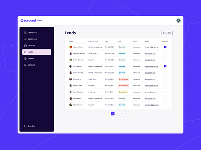 Carousel Leads app carousel design heyo interface list table ui ux web