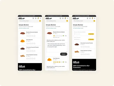 Product Review Submission Flow e commerce mobile product design rating shopify snacks submission ui uxui design write a review