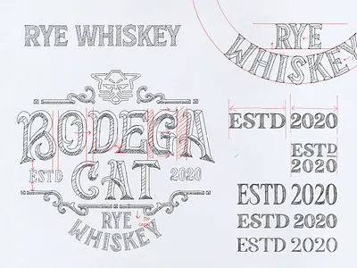 Bodega Cat Whiskey Logo Sketches brand identity concept sketch custom type hand lettering handlettering illustration lettering lettering logo logo logo design logo designer logo sketch logotype whiskey whiskey brand whiskey logo