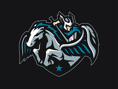 Valkyrie Riding Pegasus Logo mascot done for Hockey team athletic logo branding design esport esportlogo gamer gaming hockey hockey team illustration logo mascot pegasus pegasus logo shield sports logo valkyrie valkyrie logo