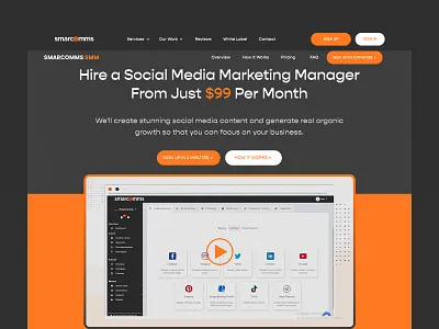 Smarcomms – Social Media Marketing Manager Website Design business growth conversion focused creative agency dark theme website dashboard design landing page marketing manager modern ui orange ui saas design social media marketing subscription website uxui design web design website design