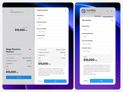 Coral Billing – Payment Flow UI clean ui dashboard design subscription figma finance financial ux fintech invoice ui invoicing modern ui money payment payment flow product design saas design ui ux web app web design