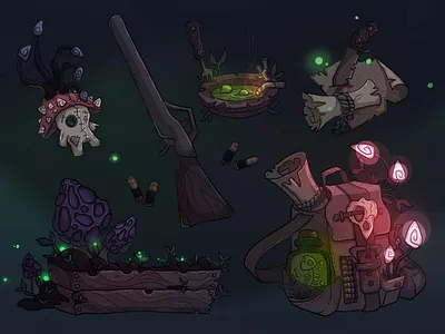 These are His Things bag concept art concept illustration concept props game graphic design gun illustration mushroom props rastr rastr graphic