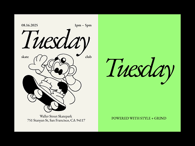 Bold Event Flyer for Tuesday Skate Club banner branding mascot mascot design poster design product design skating logo ui vector web website