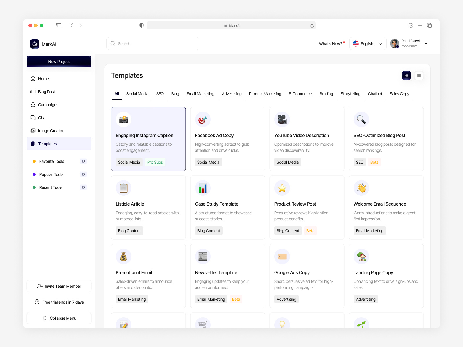 MarkAI - AI for Marketing Dashboard (Template List) ai agent ai assistant ai copywriting tool ai dashboard ai seo tool ai tools blog generator campaign manager chatbot ui dashboard image generator marketing marketing dashboard saas saas product seo optimization smart marketing social media automation template list ui ux