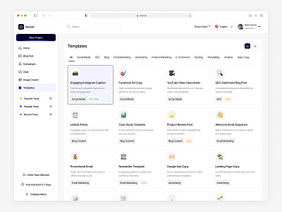 MarkAI - AI for Marketing Dashboard (Template List) ai agent ai assistant ai copywriting tool ai dashboard ai seo tool ai tools blog generator campaign manager chatbot ui dashboard image generator marketing marketing dashboard saas saas product seo optimization smart marketing social media automation template list ui ux