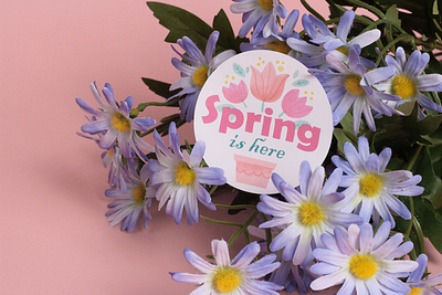 Spring Is Here Circle Custom Bumper Stickers - StickerDot NZ branding bumper stickers circle custom stickers design die cut graphic design illustration logo product design round seasonal design sticker design sticker printing stickers typography