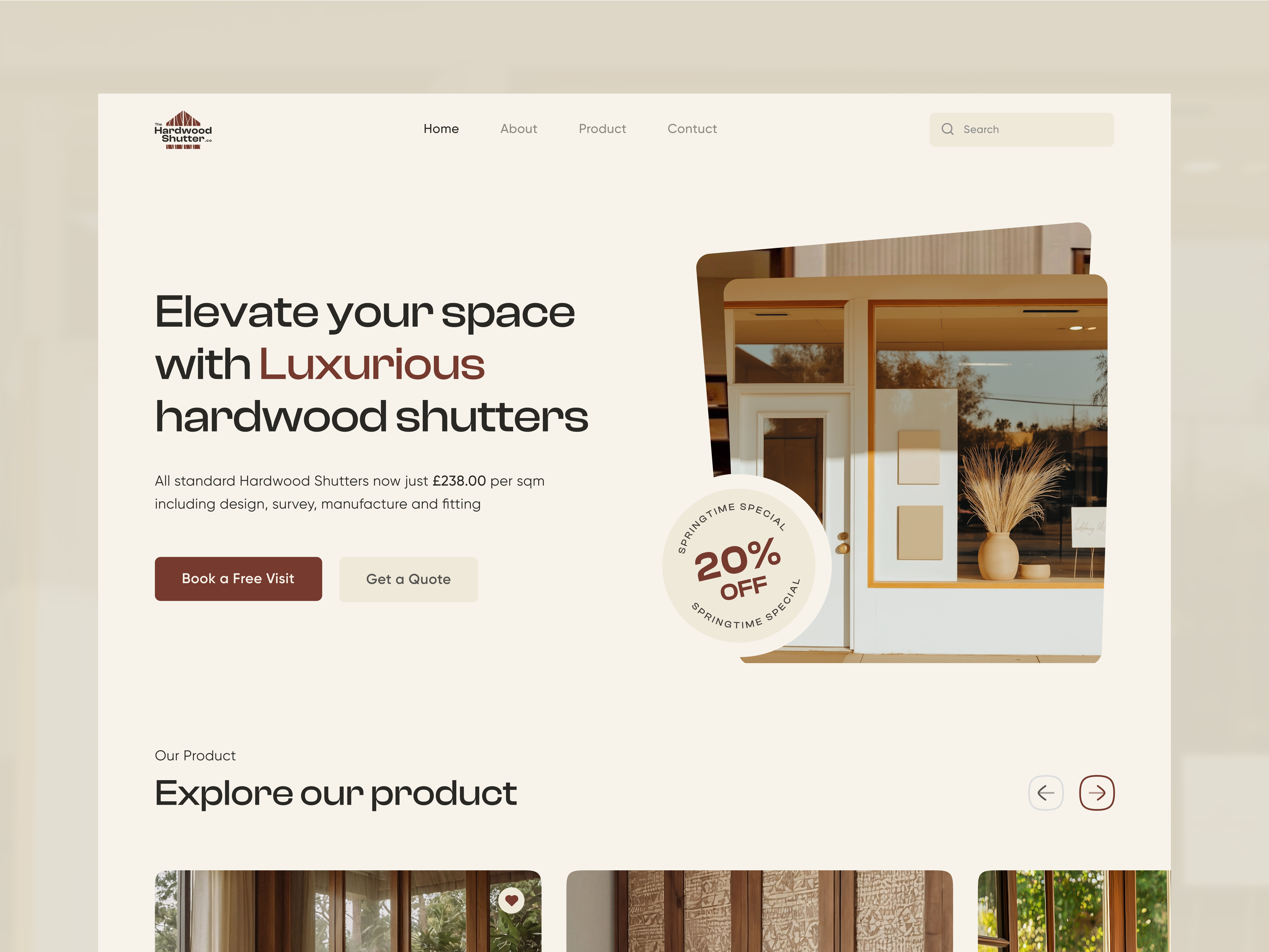 Hardwood Shutters Website Hero Design design door ecommerce ui ux furniture furniture website design hardwood shutters website header hero section home brand home improvement web interior design landing page luxury product website modern ui product product landing page responsive showcase ui web design