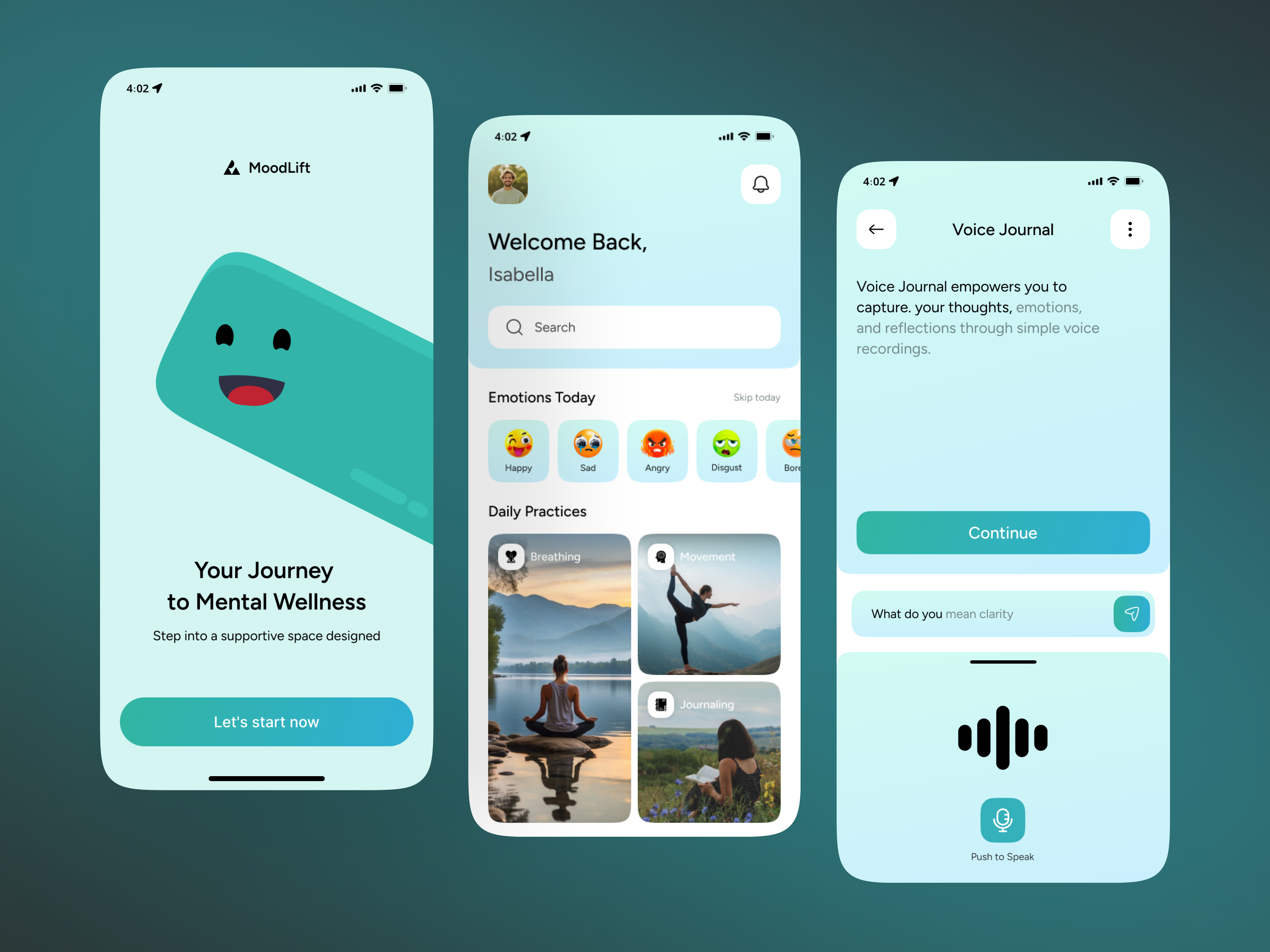 Mindful Living - Mental Health App UI app design health tracker journal app mental health mental health app mental health support mental illness mind body care app mindfulness app minimal ui mobile app mood tracker motion design visual design health app voice chat yogaapp