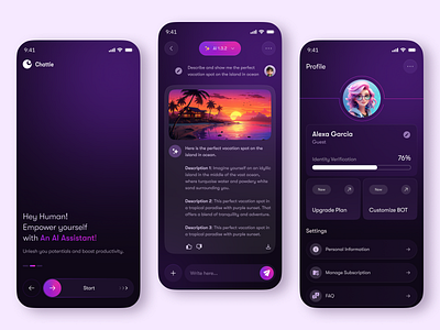 Chattie – AI Assistant App ai chat ai chat app ai design app design app interface artificial intelligence clean conversational ui dark mood design futuristic ui gradient ui mobile app design text to voice ui ux ux design voice assistant ui