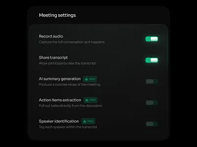 Meeting settings dark mode design figma product design saas switch toggle ui uiux uiux design user experience user interface ux uxui web app web application web design