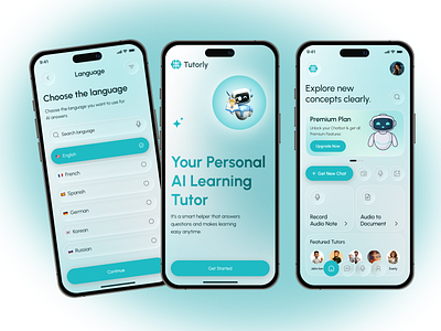 Tutorly – AI Powered Learning Experience Mobile App UI/UX ai ai app ai assistant ai education ai powered ai voice animation application artificial intelligence chatgpt clean ui home screen language learning learning app mobile app onboarding tutor tutor ai ui