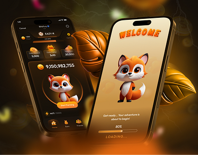 Fox Farming Game App UI 3d style ui android app ui app dashboard design character app ui coin farming ui cute mascot design dark theme ui farming game ui game app ui gamification app ui ios app ui mobile app ui mobile game design onboarding screen rewards dashboard