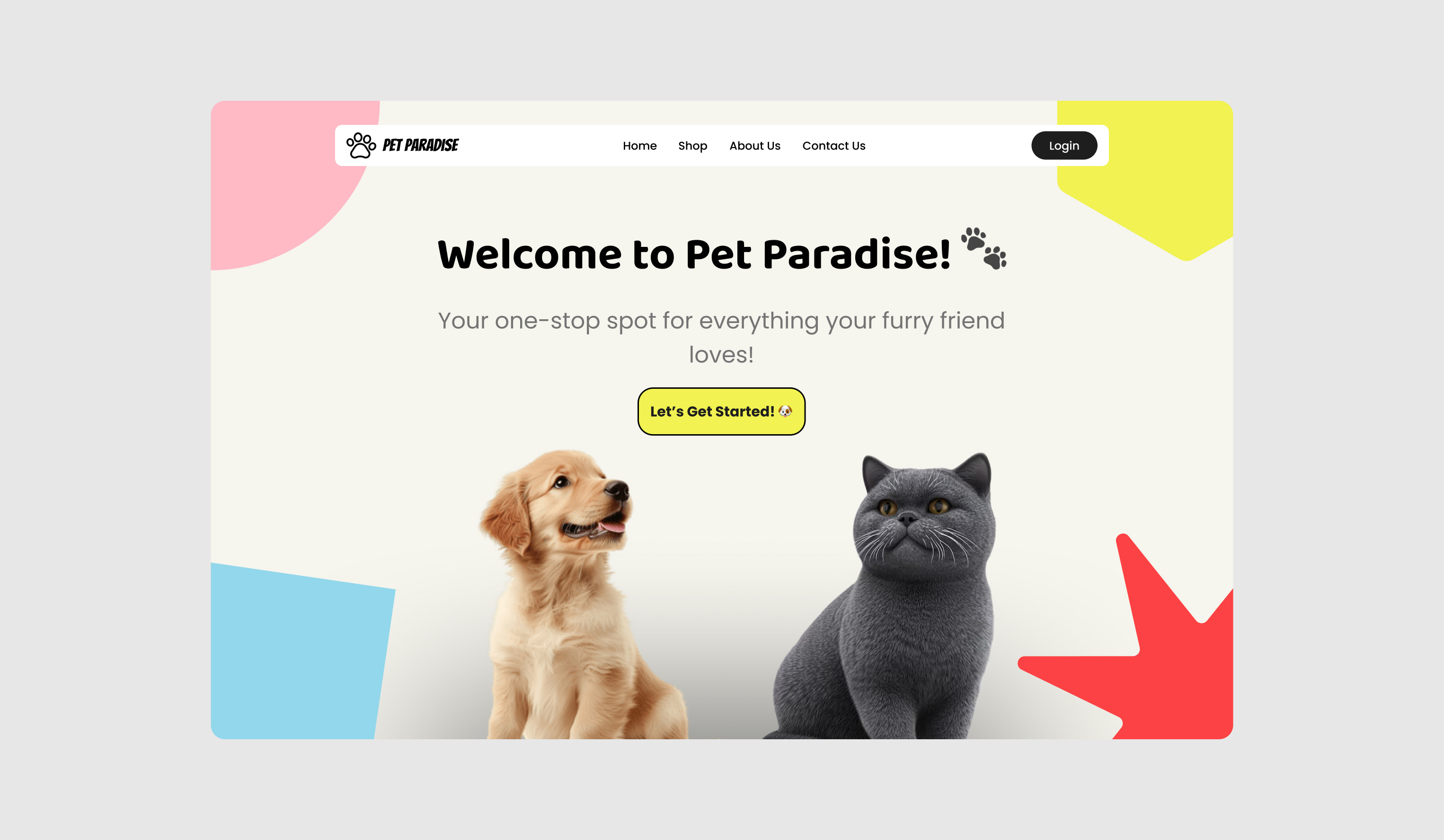 Pet Paradise — Cheerful Pet Store UI Concept animal branding cat cats concept cute design dog dogs fun graphic design hero section landing page pet pet store shapes ui web design website