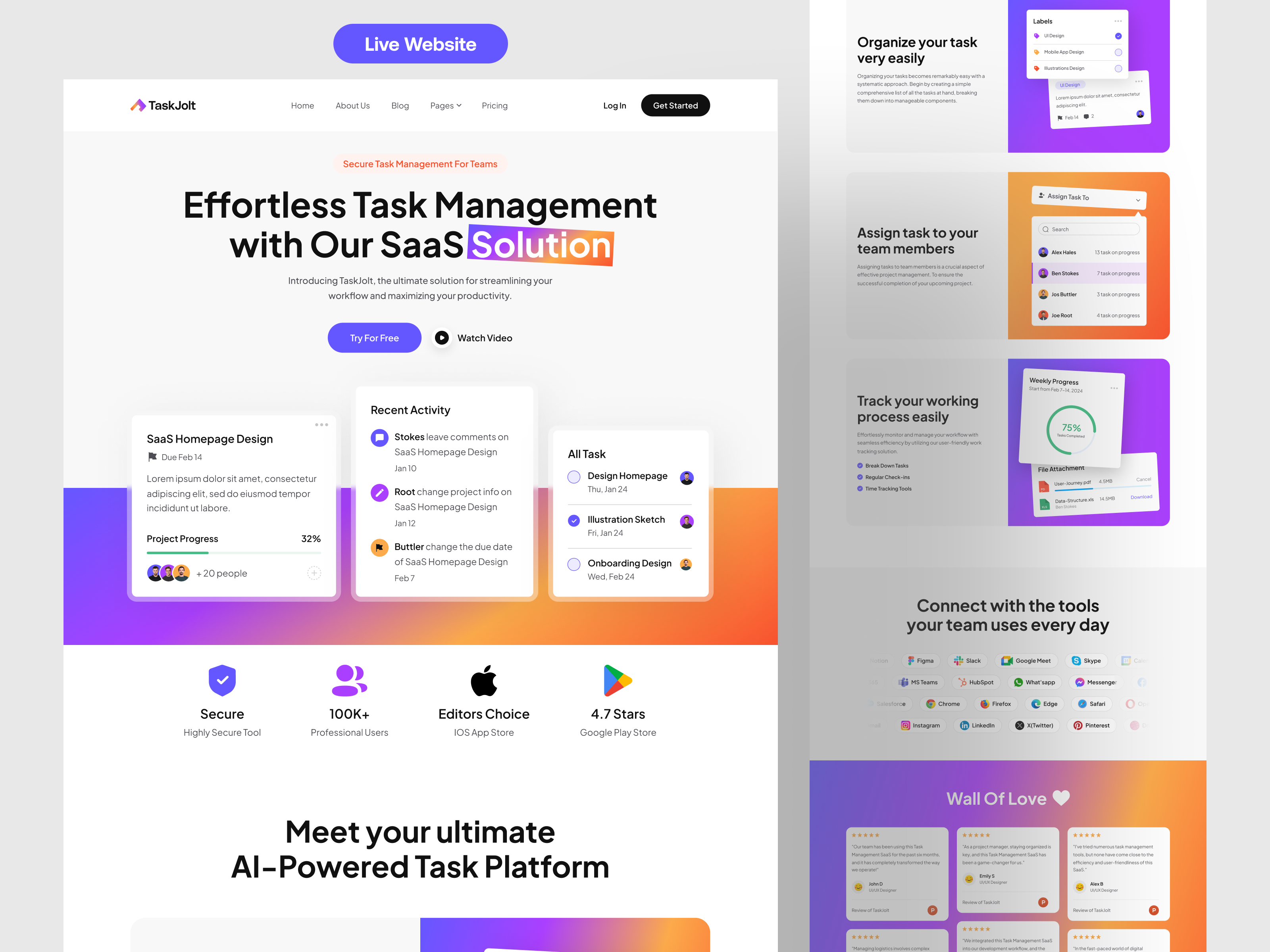 Task Management Platform UIUX Design activity custom code custom website management product project management saas saas website saas website redesign task task management team web design website