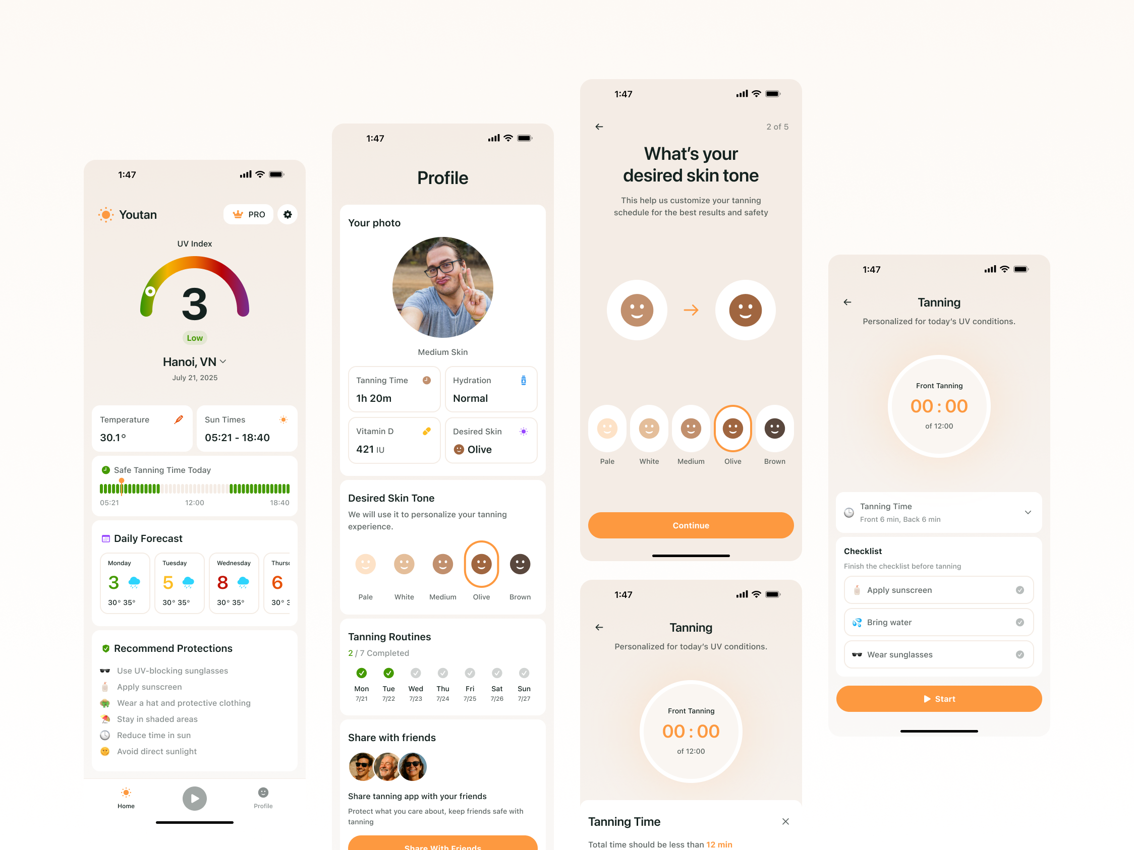 Tanning App Design app app design color design flat ios app minimal mobile schedule tan tanning ui uv ux weather