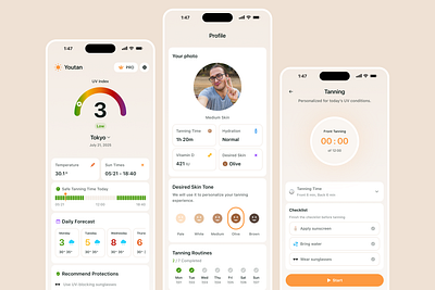 Tanning App Design app app design color design flat ios app minimal mobile schedule tan tanning ui uv ux weather