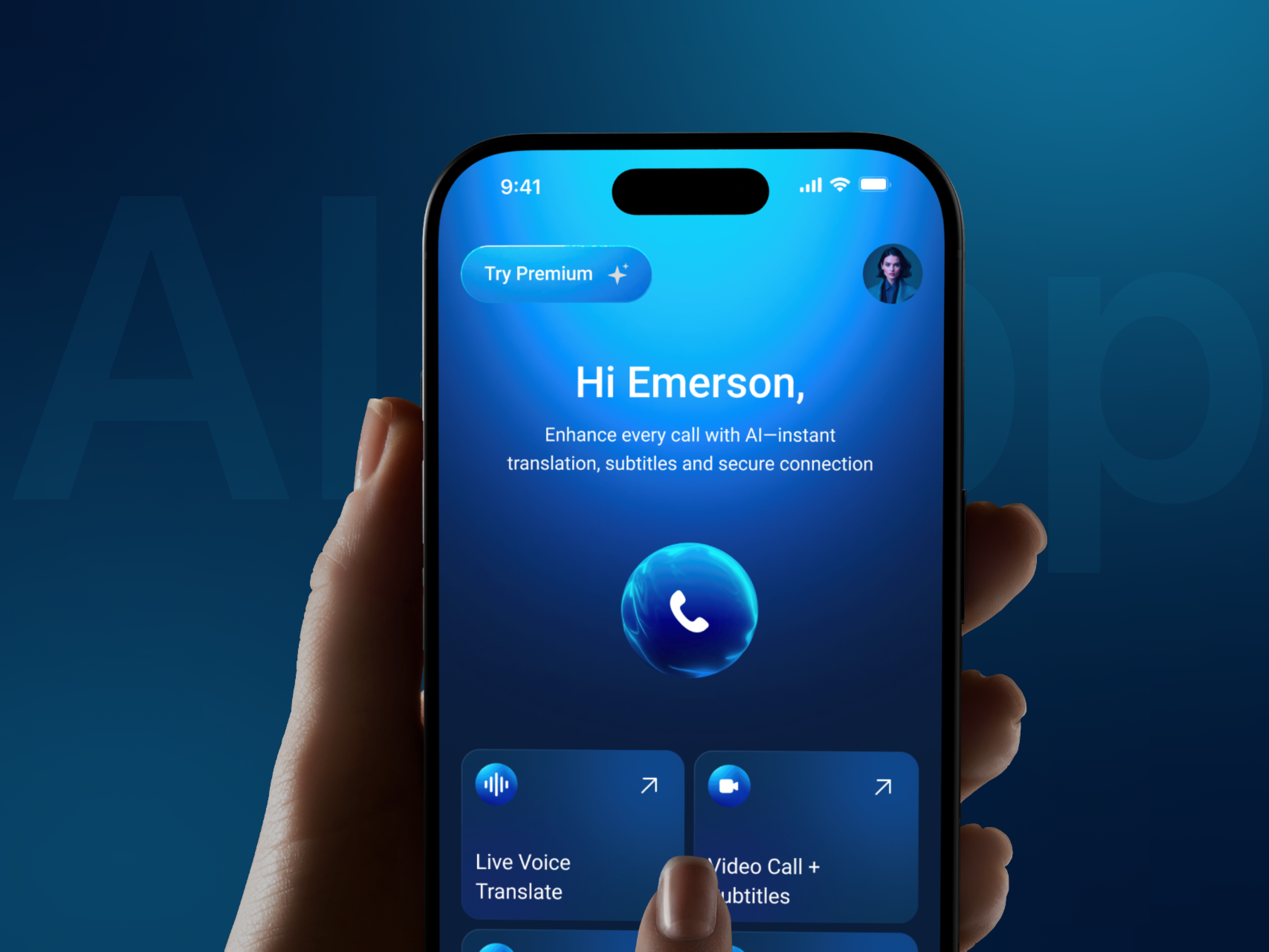 AI App - Call, Voice & Translator Mobile Design ai ai app ai assistant ai chat app ai chatbot ai mobile app ai voice assistant call translator chatbot chatgpt futuristic ai gemini language translator mobile app design next gen app translator app ui voice ai app web design
