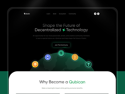Decentralized Tech Website blockchain ui crypto community platform crypto ecosystem crypto website design dark ui design decentralized technology fintech design futuristic ui landing page modern web design web design web3 landing page