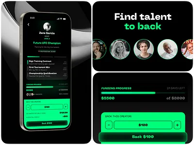 Backerz: Talent Profile & Investment Interface – Unlocking Human app app design app ui back branding case study creator dark design feed funding green investing ios app milestone profile profile page talent ui ux