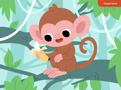 Cartoon Monkey with Banana - Fun Vector Character for Children’s adobe illustrator background cartoon character children cute design for kids illustration jungle monkey puzzle summer tropical vector zoo