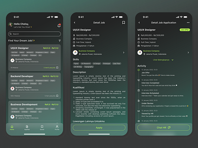 JobFinder App — Modern Job Search UI Design activity aplikasi cari kerja aplikasi lamar kerja app job finder app mobile card ui mobile dark mode app mobile dark mode design dark mode mobile detail job aplication detail job ui design find job job finder job ui lamar kerja timeline timeline mobile timeline ui ui design ui ux design