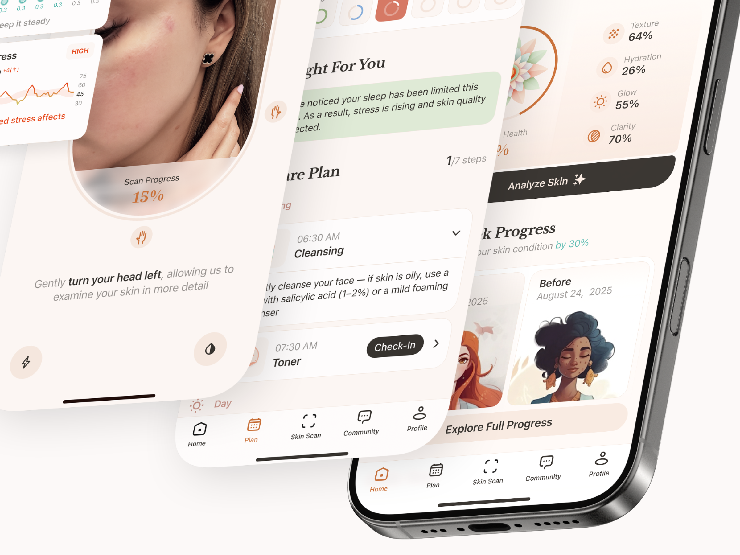 AI-Powered Mobile App for Skin Health Tracking ai ai powered skincare app ai skin analysis ai skin care app design beautytech daily care digital skin health monitoring health app healthcare uiux healthtech mobile app mobile design mobile health app design skin care app skin health skin scan skin tracking mobile app ui ux