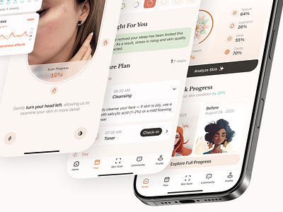 AI-Powered Mobile App for Skin Health Tracking ai ai powered skincare app ai skin analysis ai skin care app design beautytech daily care digital skin health monitoring health app healthcare uiux healthtech mobile app mobile design mobile health app design skin care app skin health skin scan skin tracking mobile app ui ux