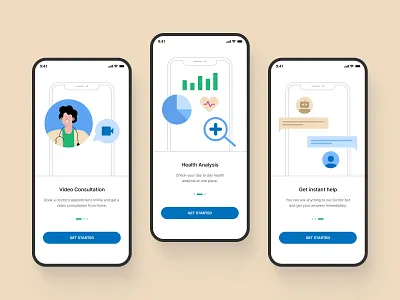 Healthcare Onboarding animation app app features blue branding design doctor app graphic design graphs health app healthcare login screen mobile app mobile ui onboarding typography ui ux vector warm colors