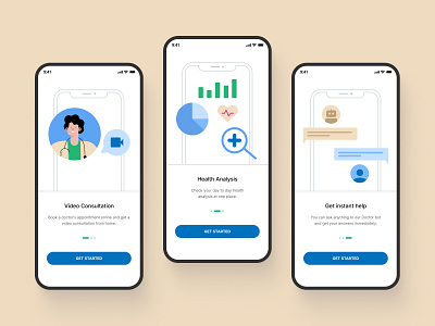 Healthcare Onboarding animation app app features blue branding design doctor app graphic design graphs health app healthcare login screen mobile app mobile ui onboarding typography ui ux vector warm colors