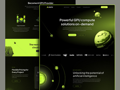 Aethir Ai website l Powerful Gpu solutions ai compute ai infrastructure blockchain cloud computing dark ui data center enterprise tech futuristic design gpu cloud green neon high performance landing page tech website technology platform web design web3 ·