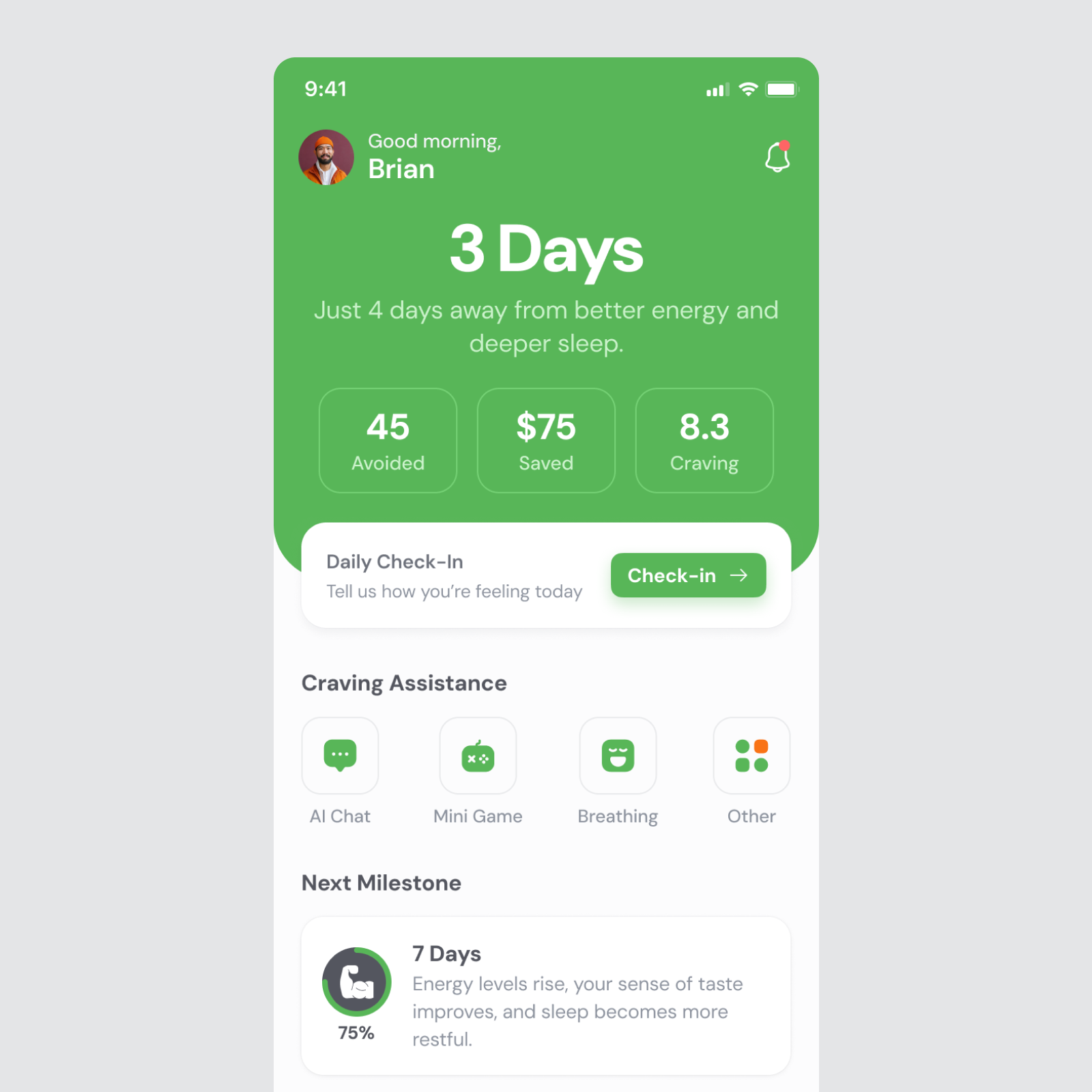 Quit Smoking App — Home Screen UI cold turkey gradual reduction health app home screen mobile home screen mobile ui quit smoking wellness app
