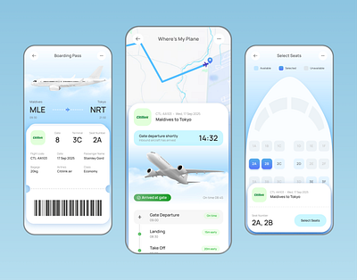 Planair - Plane reminder app UI design application design b2c backswitch boarding pass design boarding reminder design clean design digital product exploration framer mobile mobile design modern design plane boarding design plane boarding reminder idea plane reminder plane tracking seat selection design ui ux