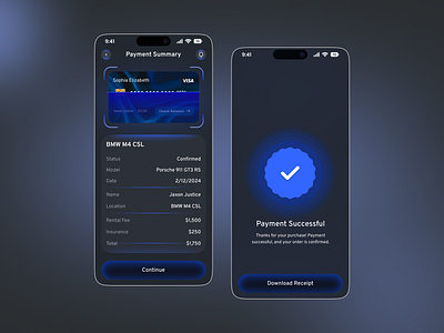 Car Rental Mobile App – Payment & Success UI app design booking payment ui booking car car app car rent service car rental app concept car rental app ui dark mode ui details page figma design luxury car rent mobile app modern app design rental company saas success screen travel ui visual design vehicle