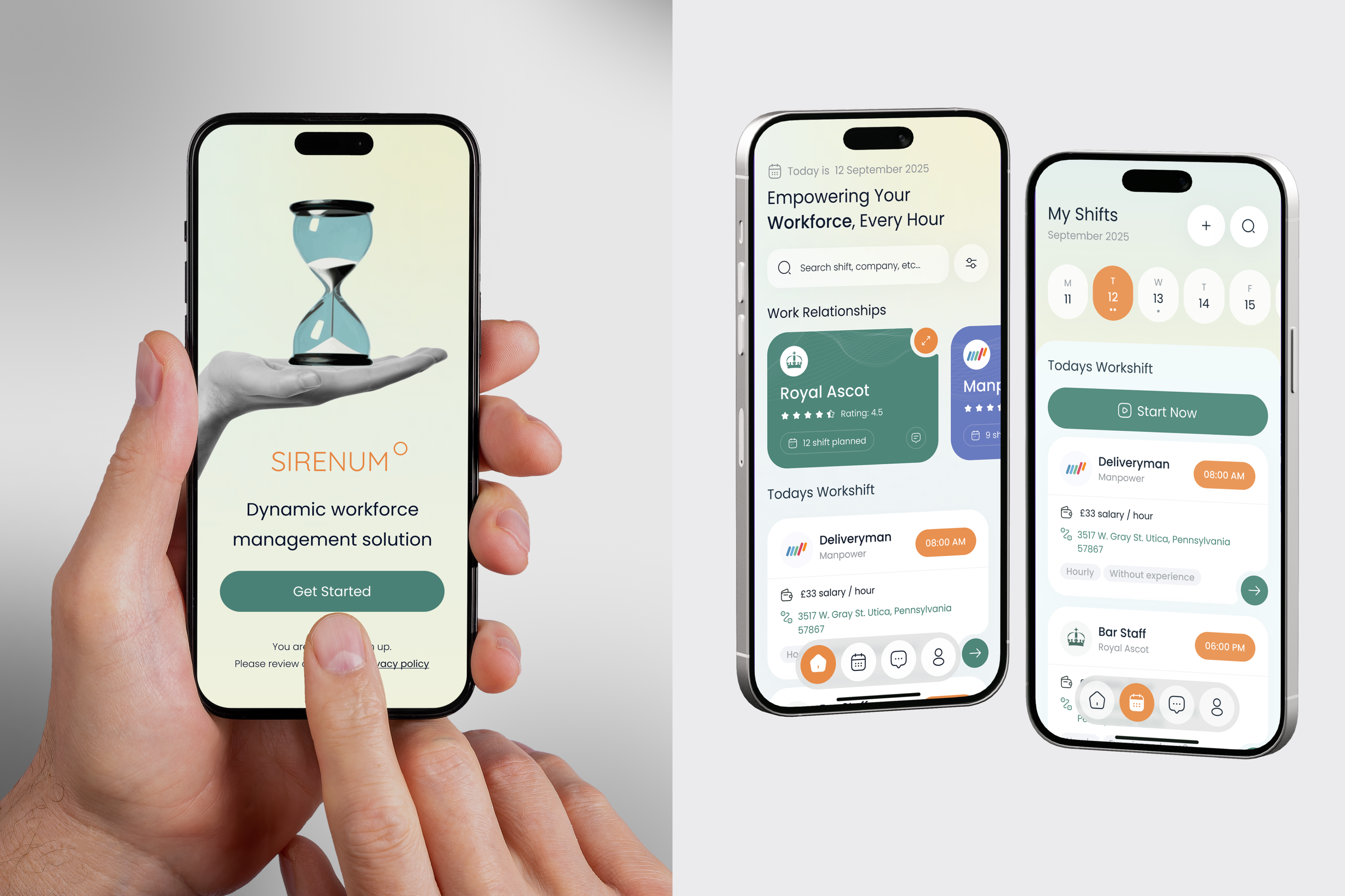 Sirenum — Shift & Job Finder App Concept app concept app design gig work hourly jobs job job app job finder job offers mobile mobile ui part time jobs product design shift app shift management time tracking work work schedule workforce management