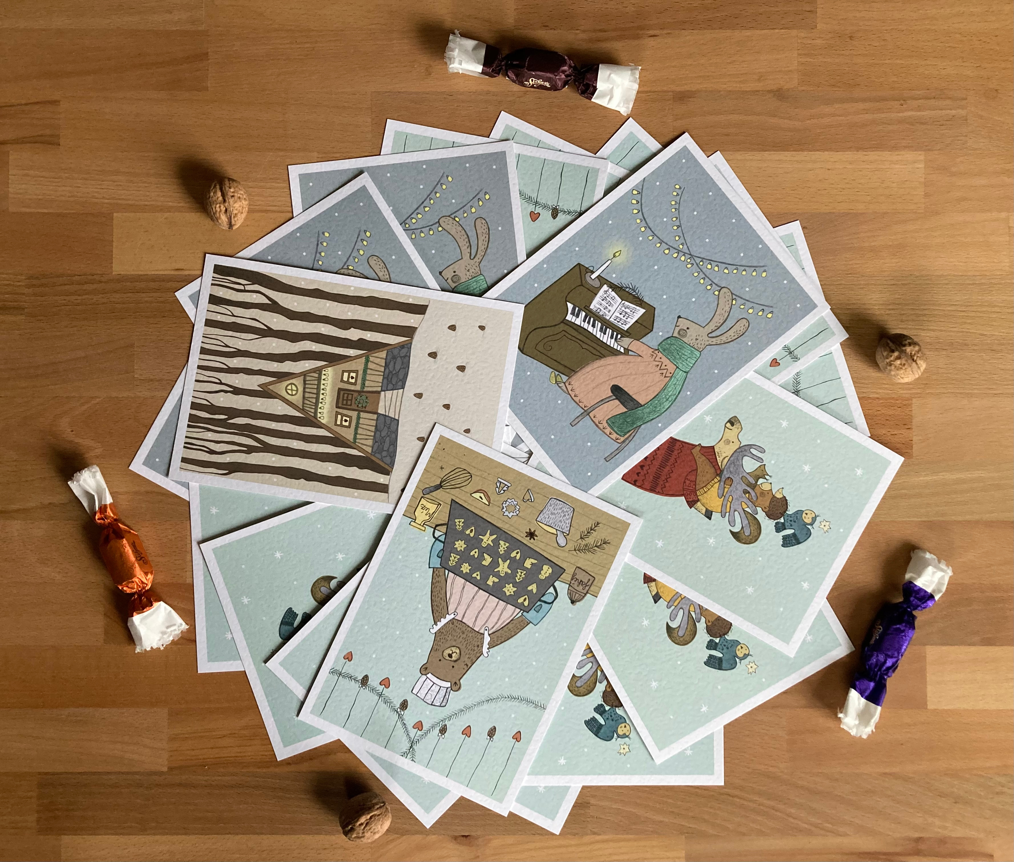 Illustrated Christmas Cards animalillustration childrenbookillustration christmas christmasillustration cuteillustration drawing graphic design greetingcard handdrawn holidaycard illustration merrychristmas pastelcolours pencildrawing postcard postcarddesign xmas xmascard