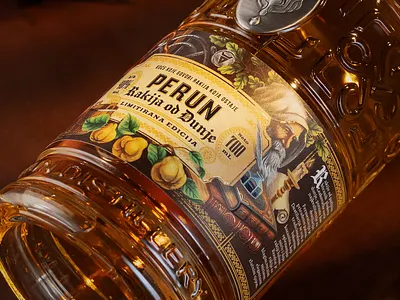 Perun - Quince Brandy bottle branding brandy design fantasy gin graphic design illustration label rakija rum slavic vintage vodka whiskey