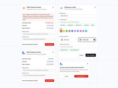 Modals (error/creation) - Finance app app integration color picker connect create crm disconnect edit error error state excel finance hris integration manage modal picker popup settings toggle tool management