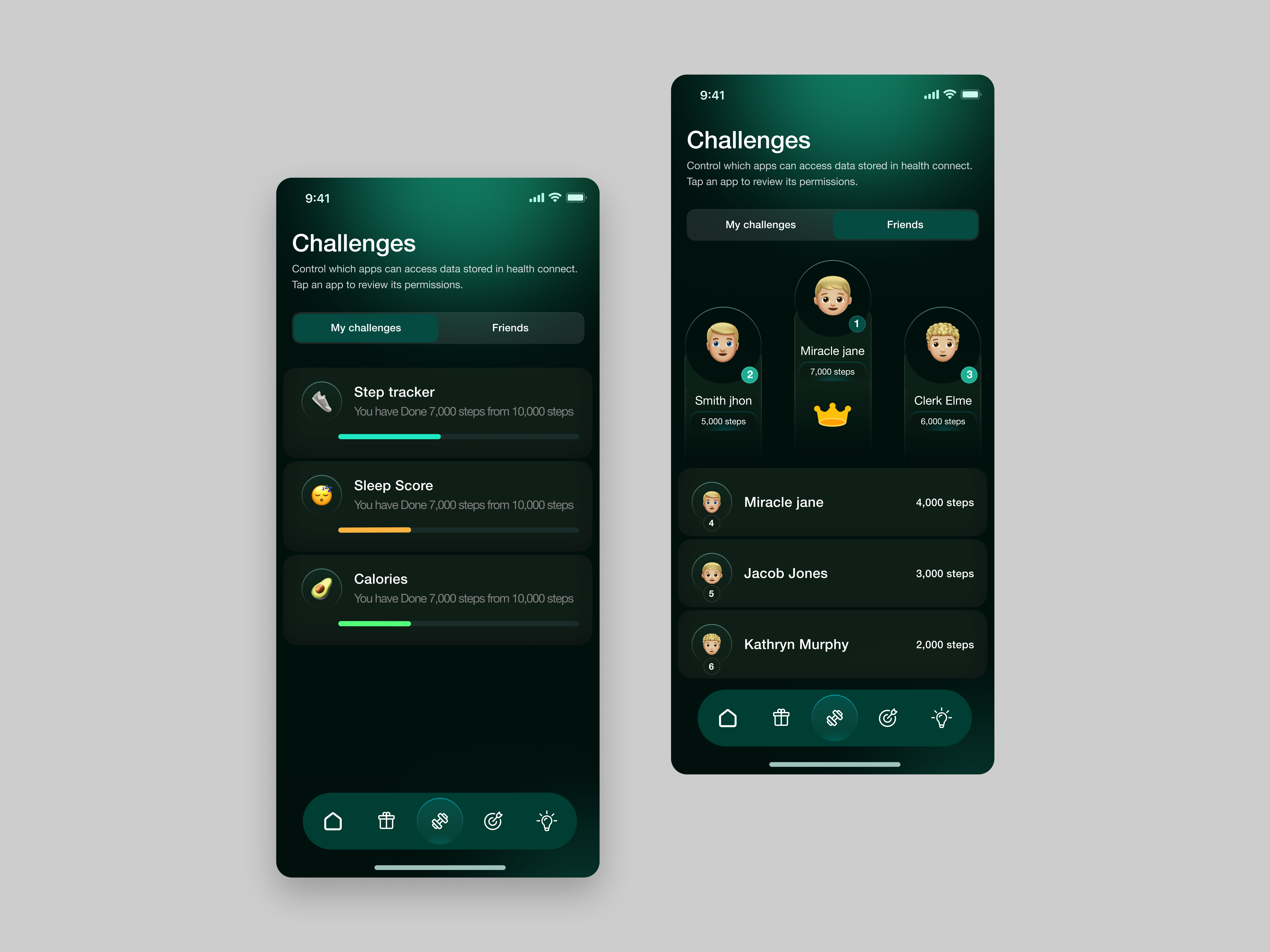 Fitness Challenge App – Gamified Health Tracking UI app app design app interface dark mode interface fitness fitness app fitness app design fitness tracker interface design ios app mobile mobile app design mobile application mobile ui modern app ui product design ui ux