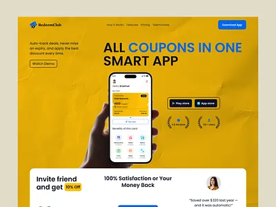 Promo & Loyalty App Landing Page Design UI Design app landing page conversation focused design coupon management cro design digital voucher platform discount and rewards app discount app discount management loyalty app loyalty app landing page loyalty deals app marketing landing page modern ui offfers and savings app promo and loyalty app promo app redeem smart deals app smart rewards voucher app