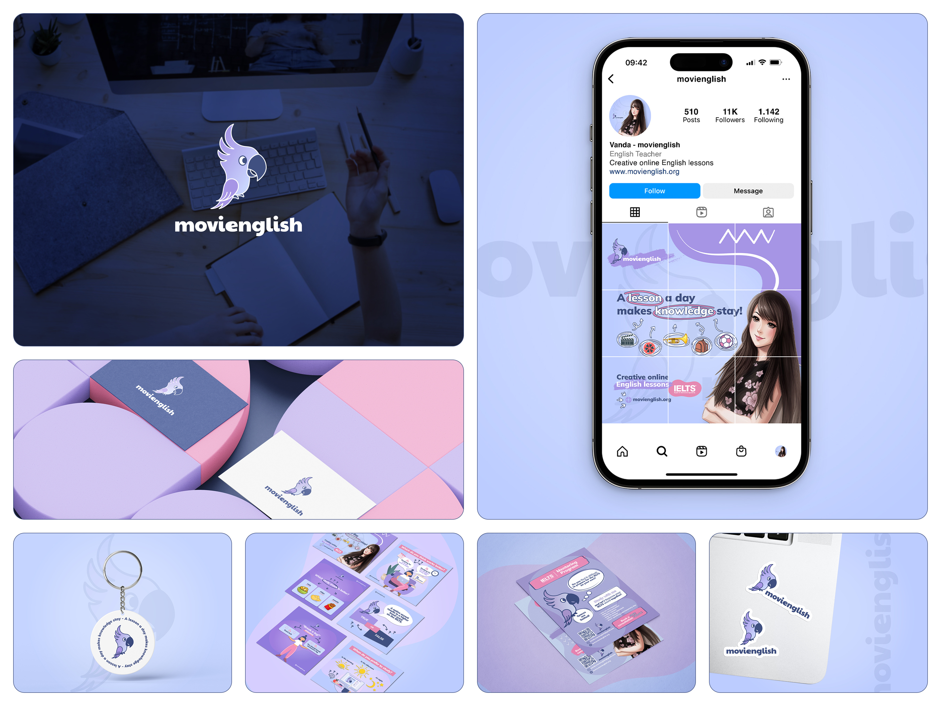 Movienglish - logo design | branding brand design brand identity brand identity design branding cover design design english lesson graphic graphic design learning english logo logo design mascot modern parrot playful post design visual identity visual identity design youthful