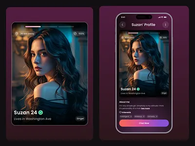 Dating App Profile ai dating app aiapp bumble card dating profile datingapp find love livechat masud rana palash matching matchmaker meet mobile mobile app moderndating profilepage relationship social tinder wireframe